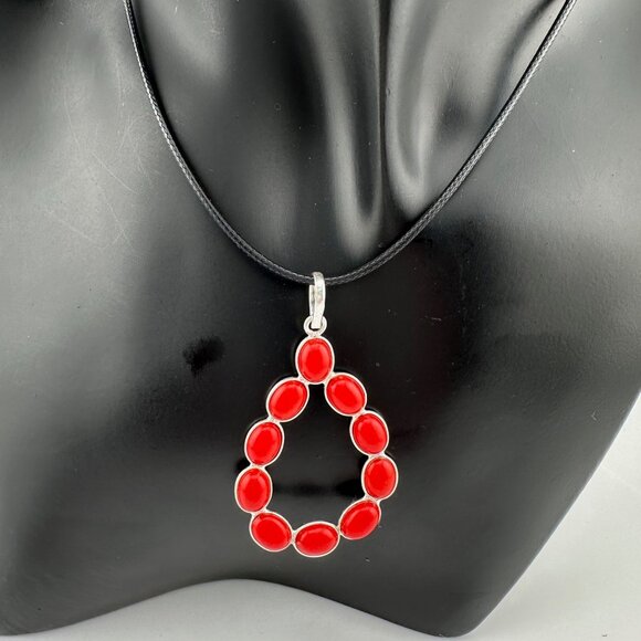 Flirty and Fun Red Coral Teardrop Necklace with Black Leather Cable Chain - Picture 2 of 8